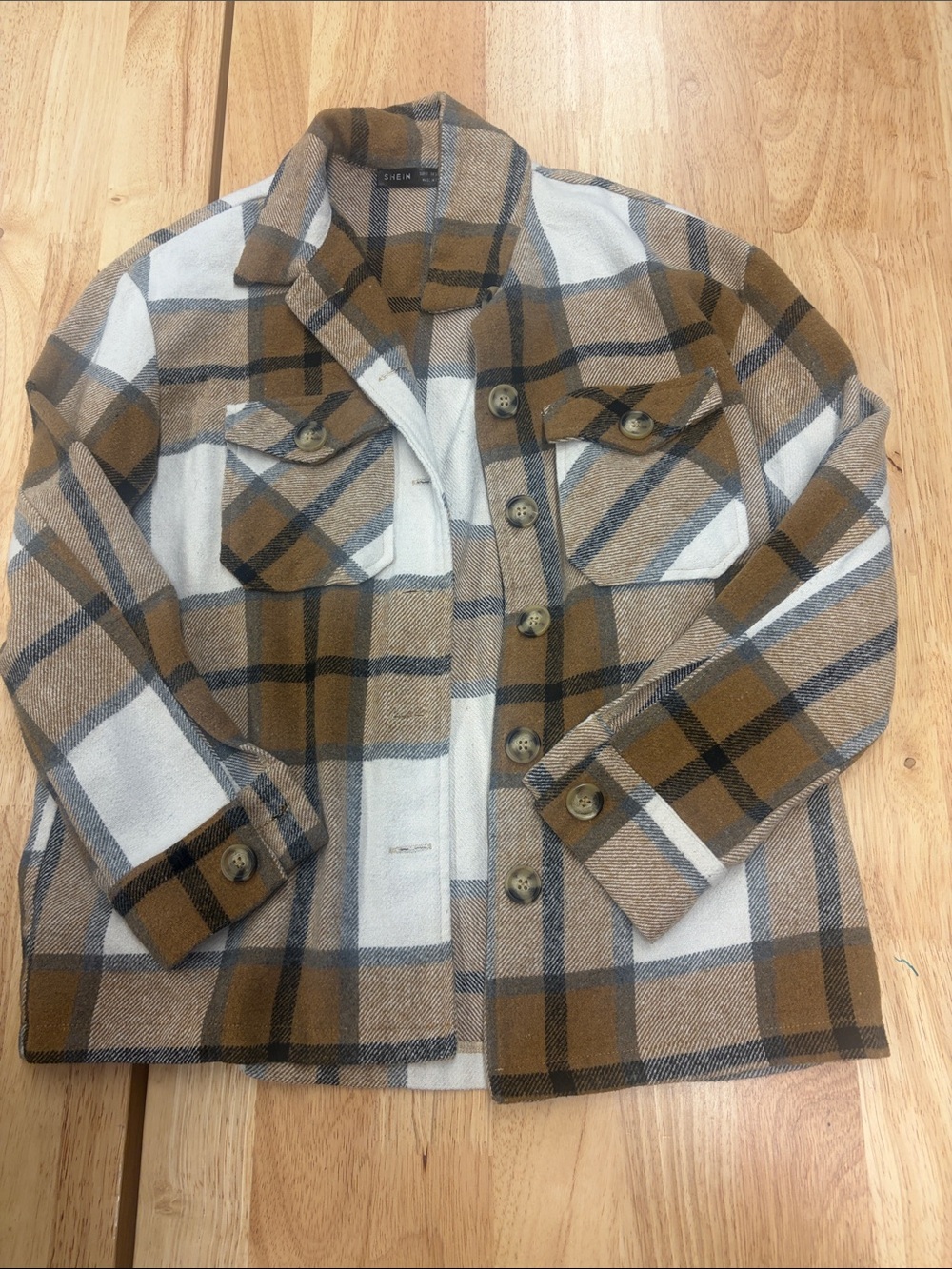 SHEIN Brown White Plaid Button-Front Utility Shacket